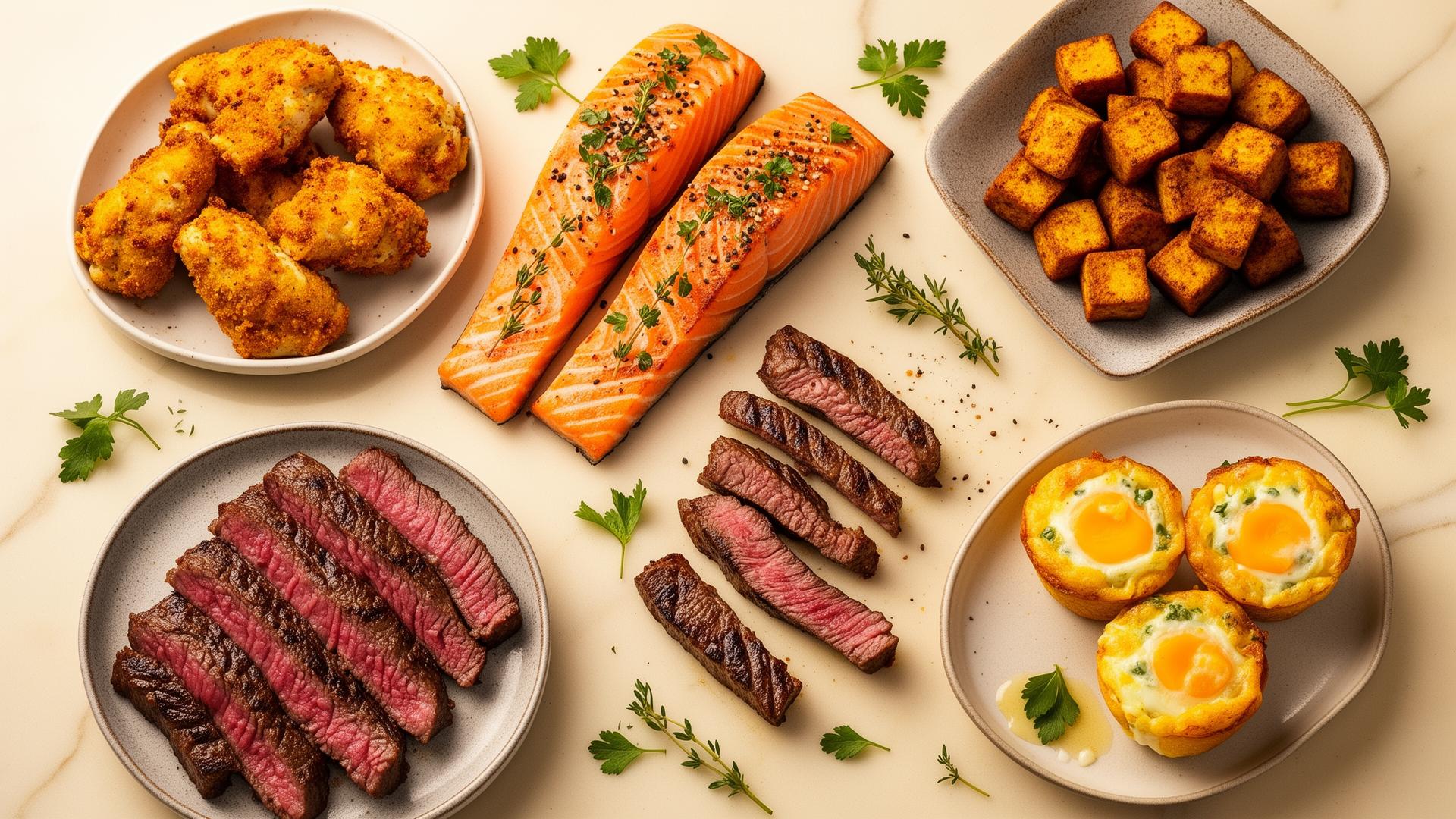 High-protein air fryer meals — chicken, salmon, steak, tofu and egg bites